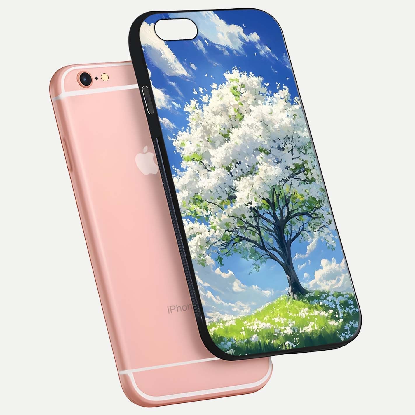 Blossom Sky Serenity Glass Case for iPhone 6 Plus floating mockup capturing gloss surface and tranquil design