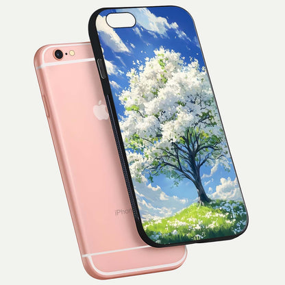 Blossom Sky Serenity Glass Case for iPhone 6 Plus floating mockup capturing gloss surface and tranquil design