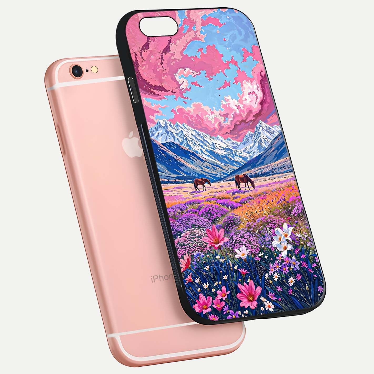 Blossom Valley Dream Glass Case for iPhone 6 Plus floating mockup showing floral valley blend and reflective surface