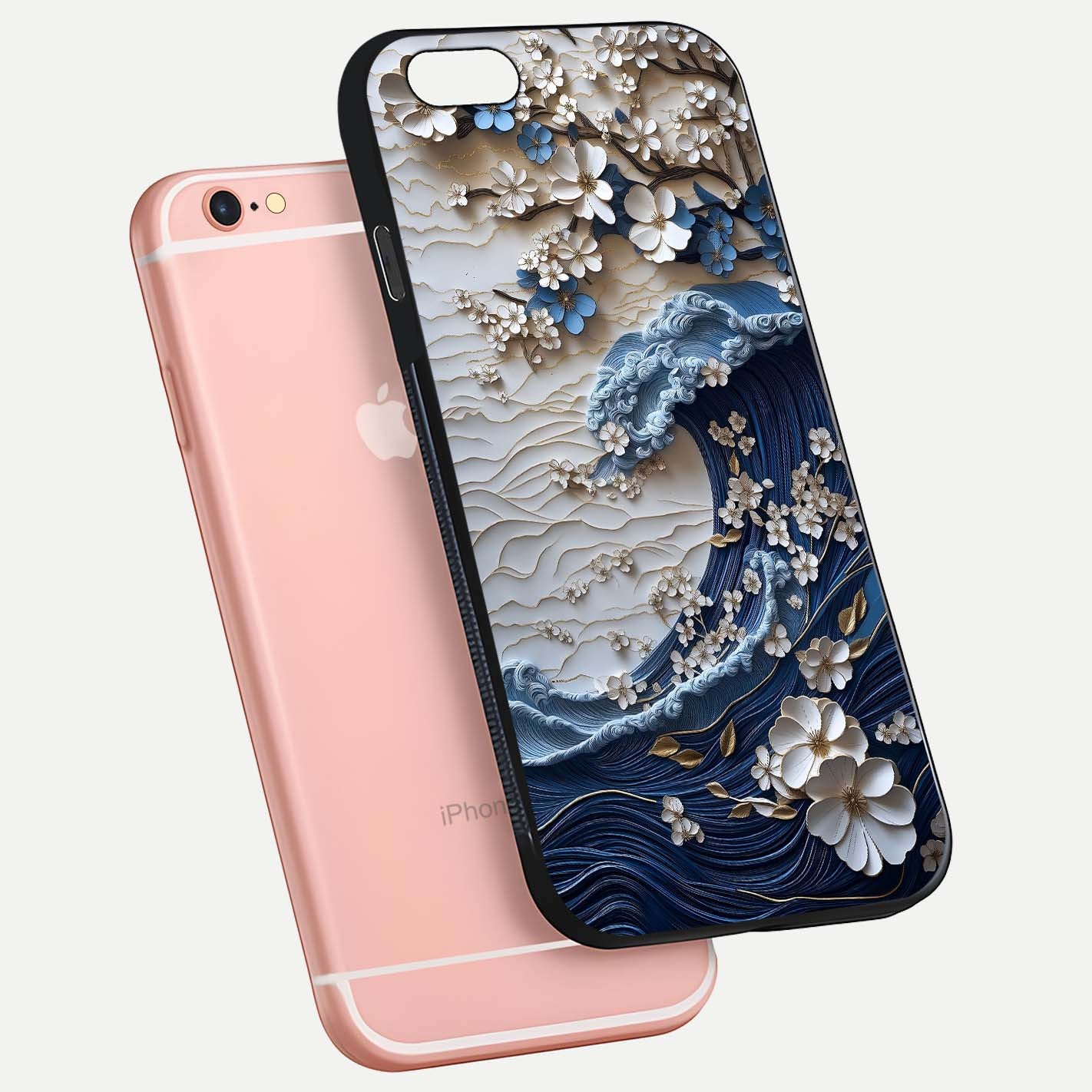 Blossom Wave Art Glass Case for iPhone 6 Plus floating mockup displaying pattern details and reflective shine
