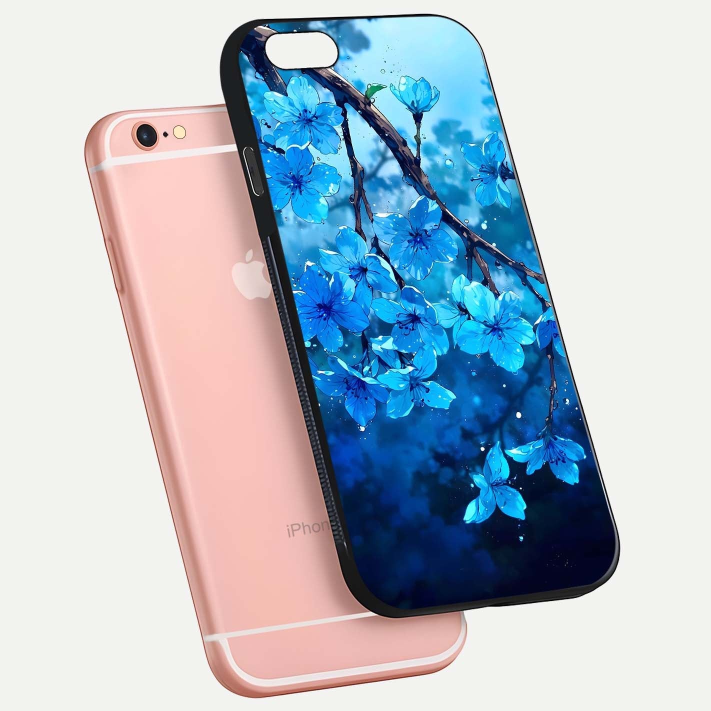 Blue Blossoms Branch Glass Case for iPhone 6 Plus floating mockup showing shine, curved edges, and branch detailing