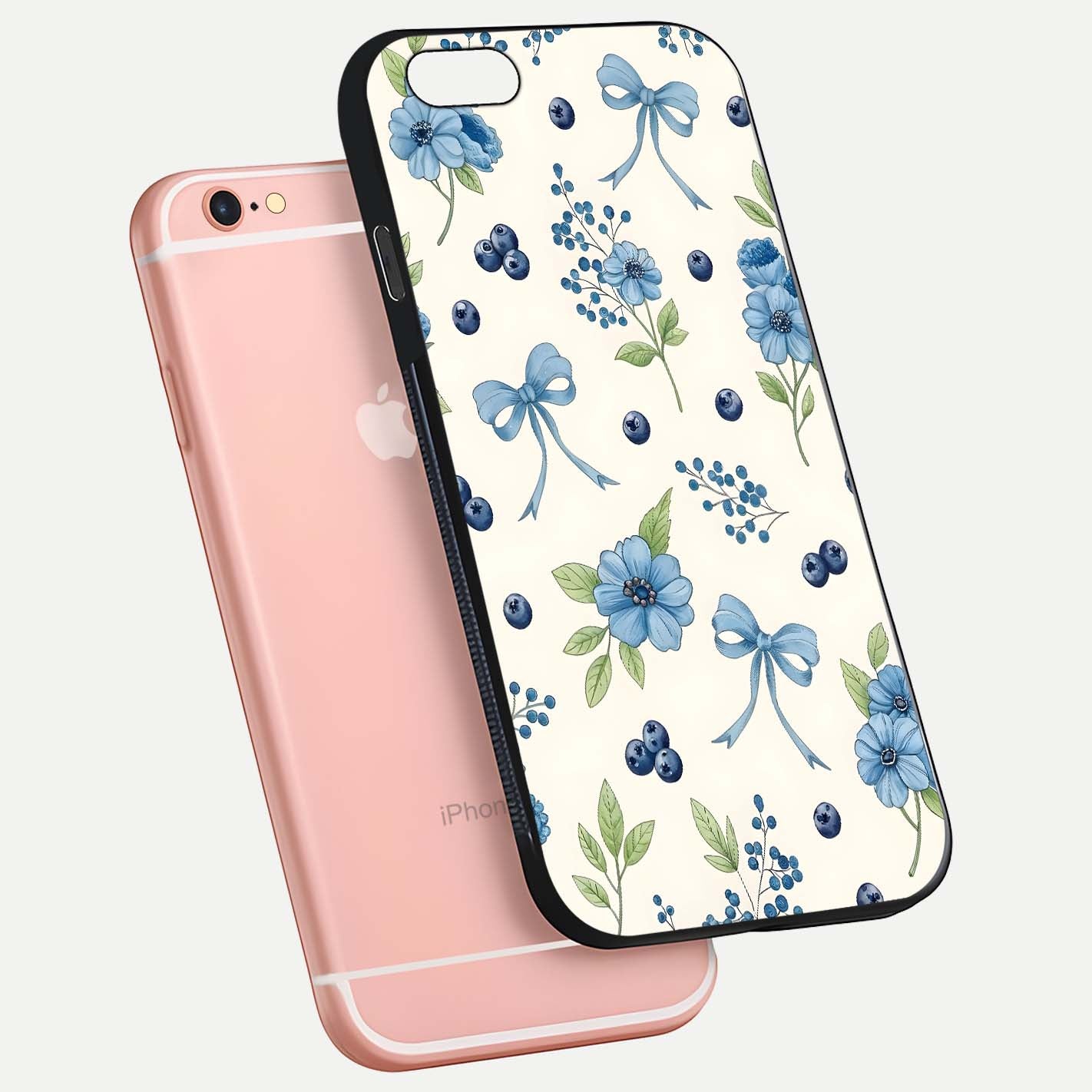 Blue Flower & Bow Glass Case for iPhone 6 Plus floating mockup capturing gloss reflection and girly aesthetic