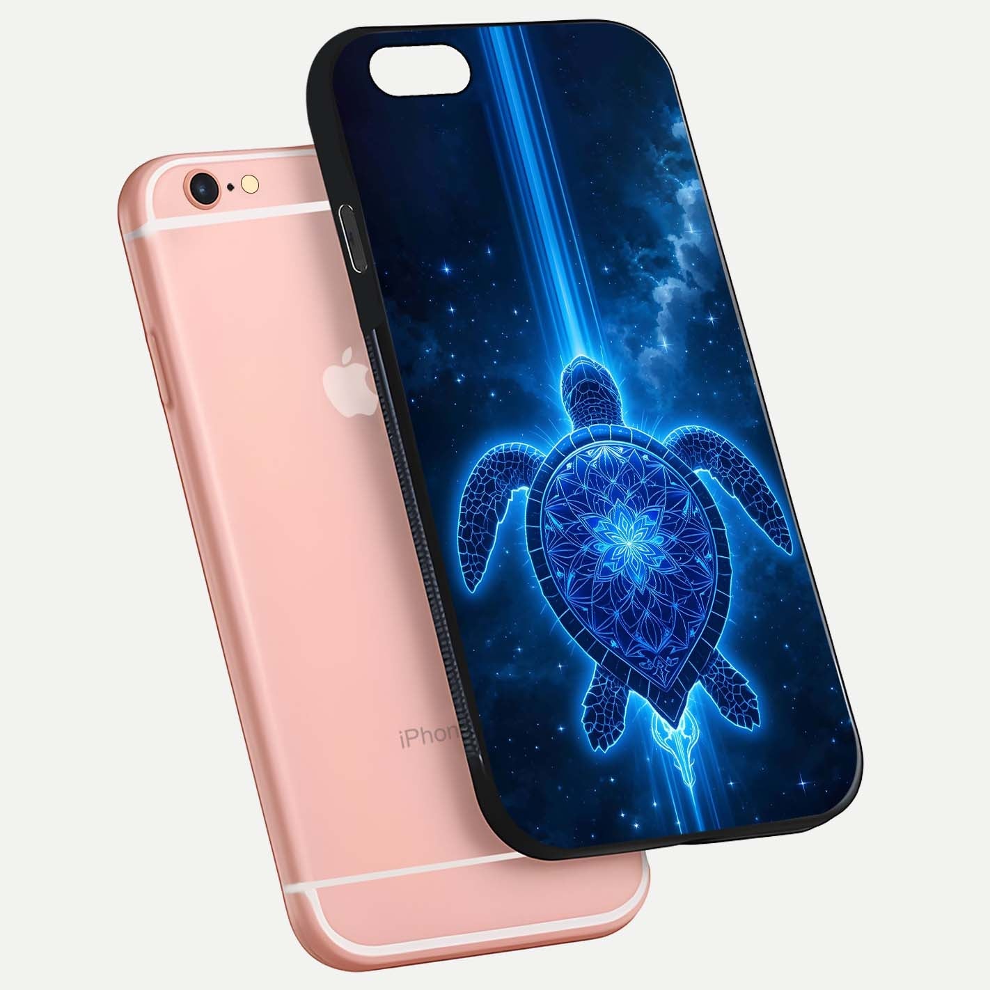 Blue Galaxy Turtle Glass Case for iPhone 6 Plus floating dual-mockup showing gloss depth and color transitions