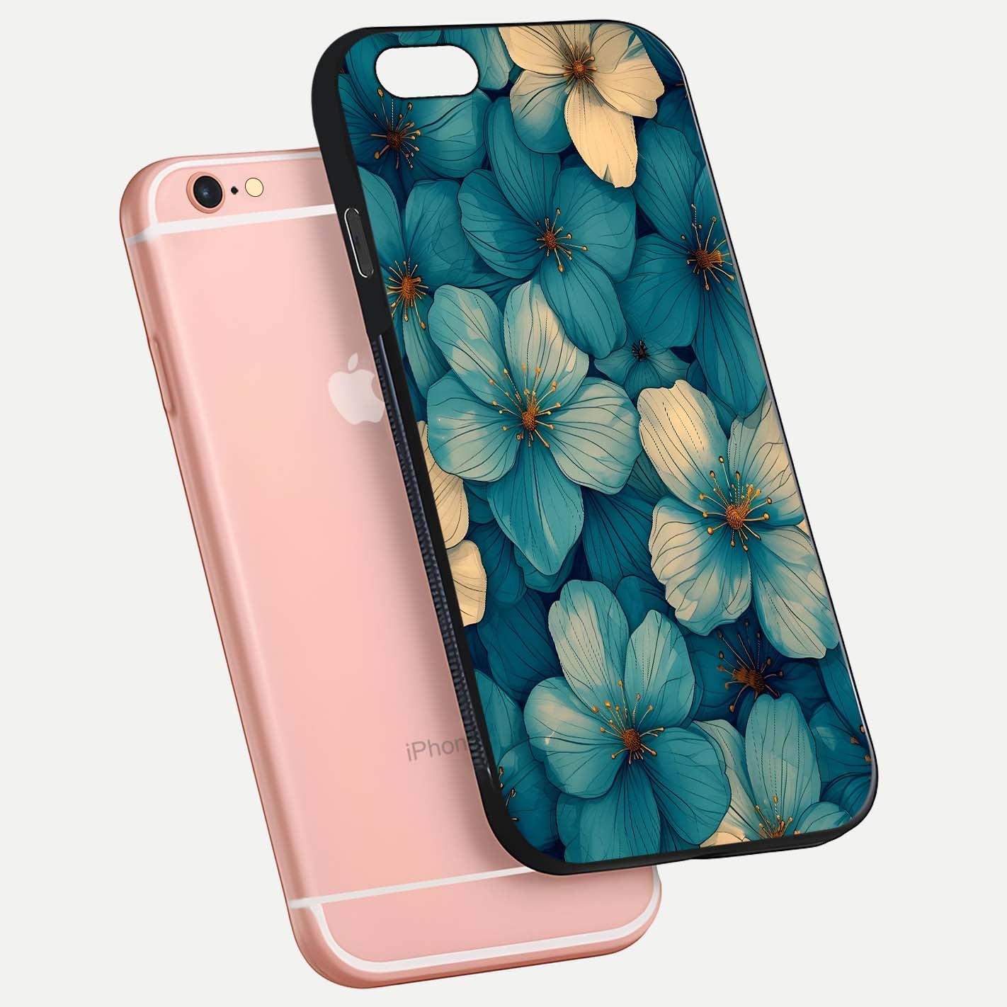 Blue Shade Floral Glass Case for iPhone 6 Plus floating mockup revealing gloss highlight and floral depth