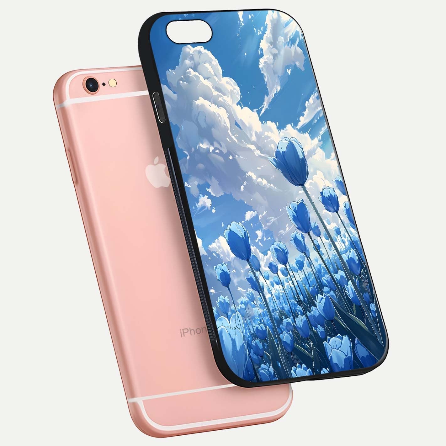 Blue Tulip Clouds Glass Case for iPhone 6 Plus floating mockup displaying tulip-cloud fusion art and smooth glass gloss