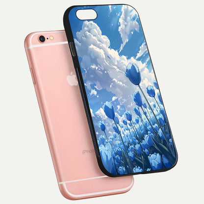 Blue Tulip Clouds Glass Case for iPhone 6 Plus floating mockup displaying tulip-cloud fusion art and smooth glass gloss