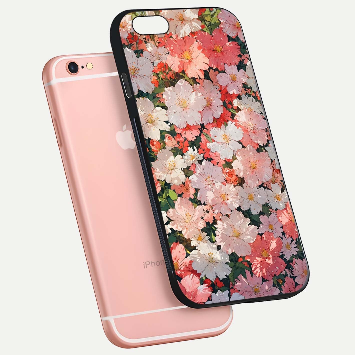 Blush Bloom Field Glass Case for iPhone 6 Plus floating mockup highlighting floral spread and edge reflection