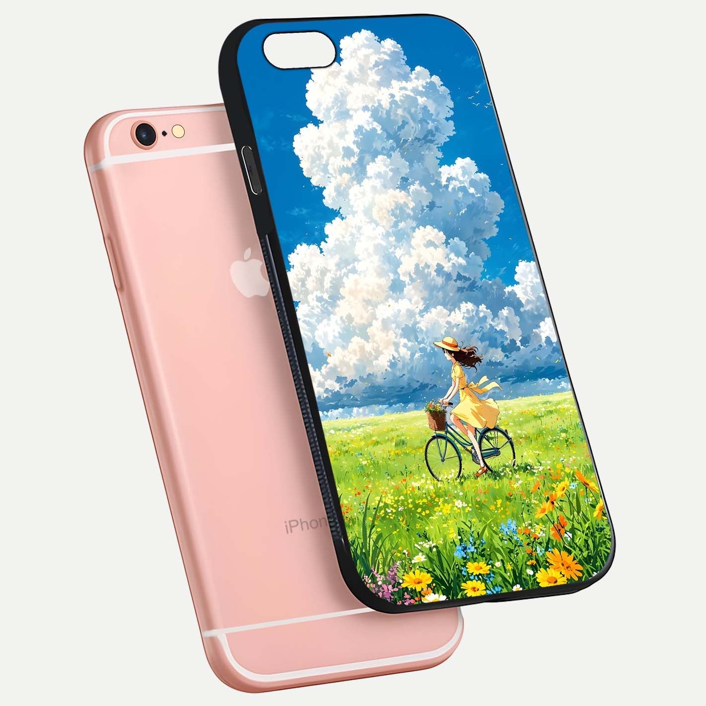 Breezy Meadow Ride Glass Case for iPhone 6 Plus floating mockup capturing serene tones and smooth finish