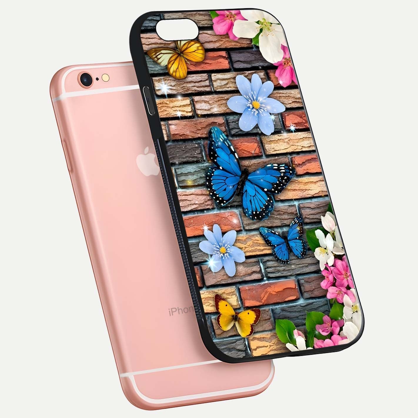 Brick Bloom Flight Glass Case for iPhone 6 Plus floating mockup displaying gloss reflection and pattern vibrancy