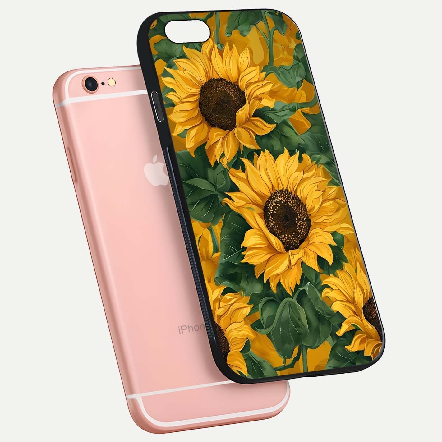Bright Sunflower Bloom Glass Case for iPhone 6 Plus floating mockup capturing vibrant tones and gloss surface