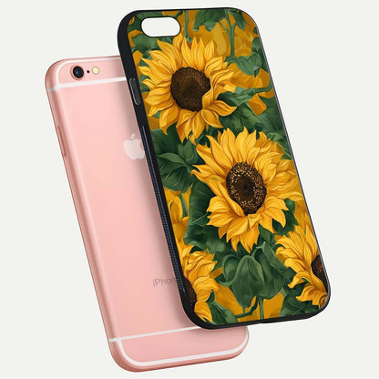 Bright Sunflower Bloom Glass Case for iPhone 6 Plus floating mockup capturing vibrant tones and gloss surface