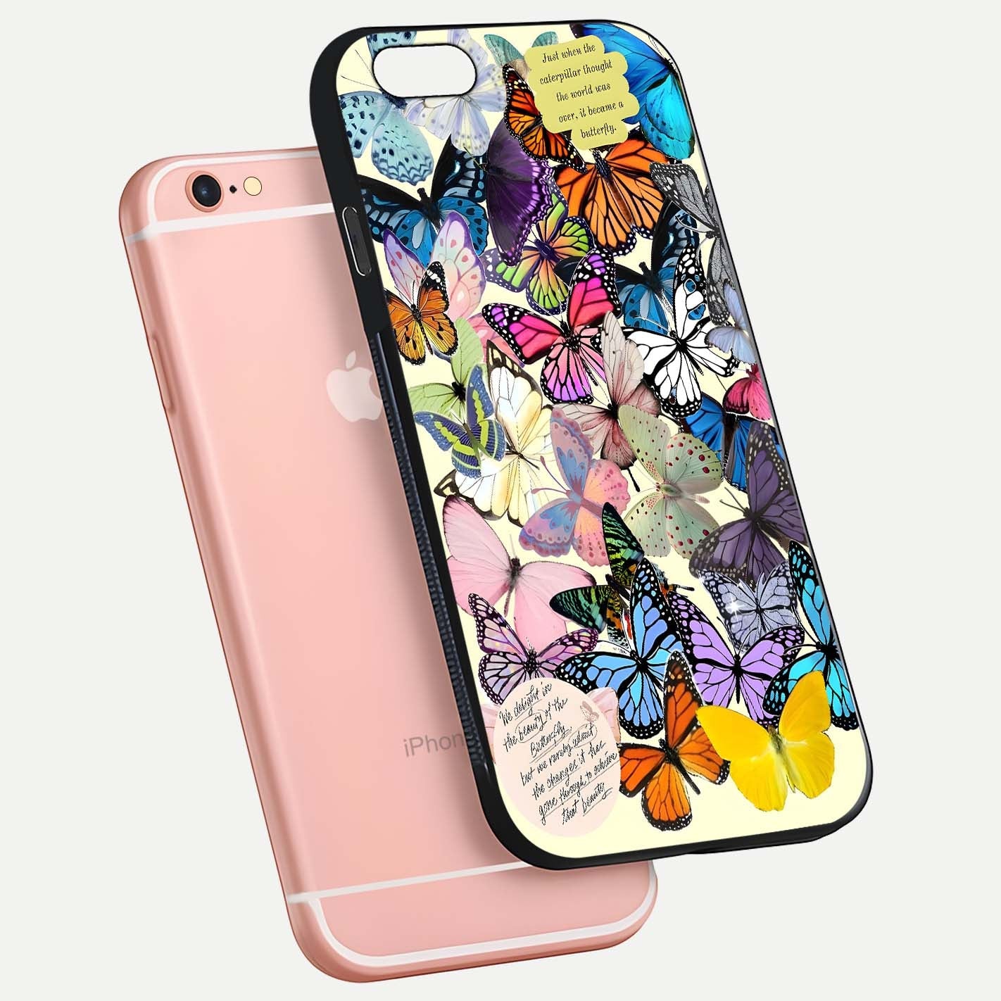 Butterflies Petal Dream Glass Case for iPhone 6 Plus floating mockup displaying detailed print and premium glass glow