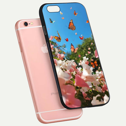 Butterflies in Bloom Sky Glass Case for iPhone 6 Plus floating mockup capturing butterfly motion and edge design