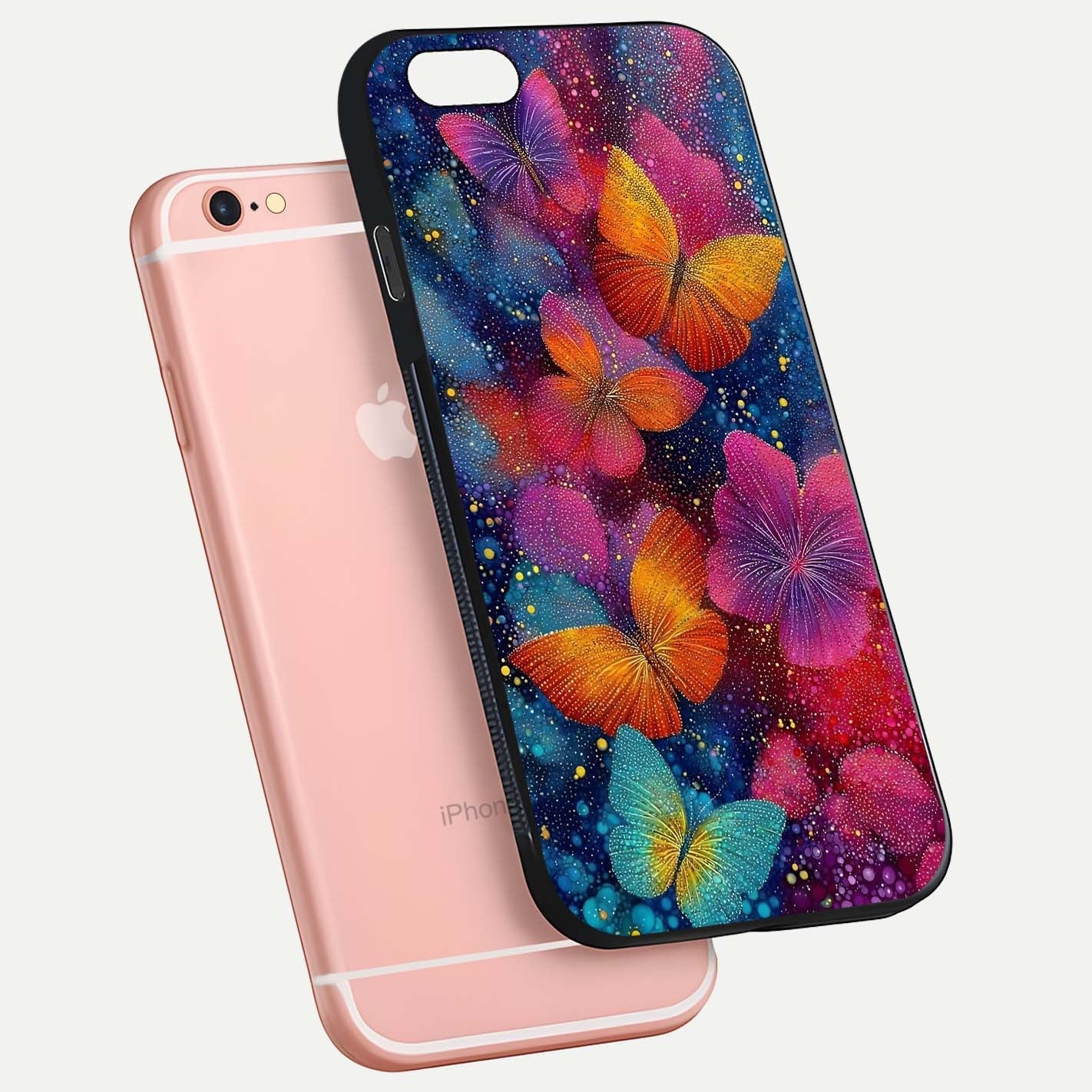 Butterfly Dream Mist Glass Case for iPhone 6 Plus floating mockup displaying glass shine and ethereal art depth