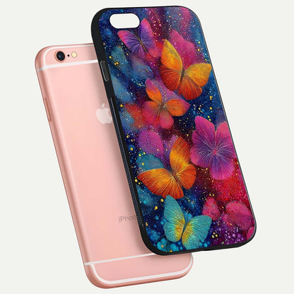 Butterfly Dream Mist Glass Case for iPhone 6 Plus floating mockup displaying glass shine and ethereal art depth