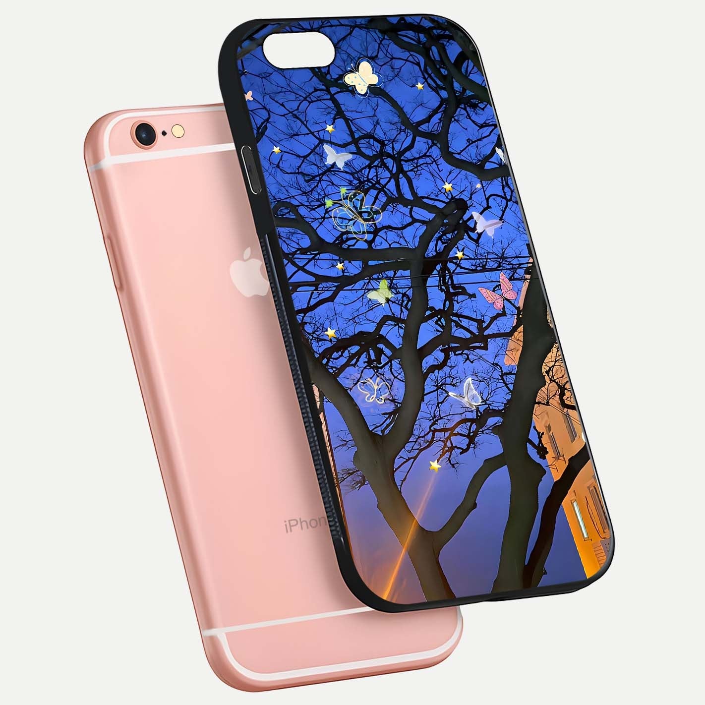 Butterfly Night Magic Glass Case for iPhone 6 Plus floating mockup showing night glow and smooth polish