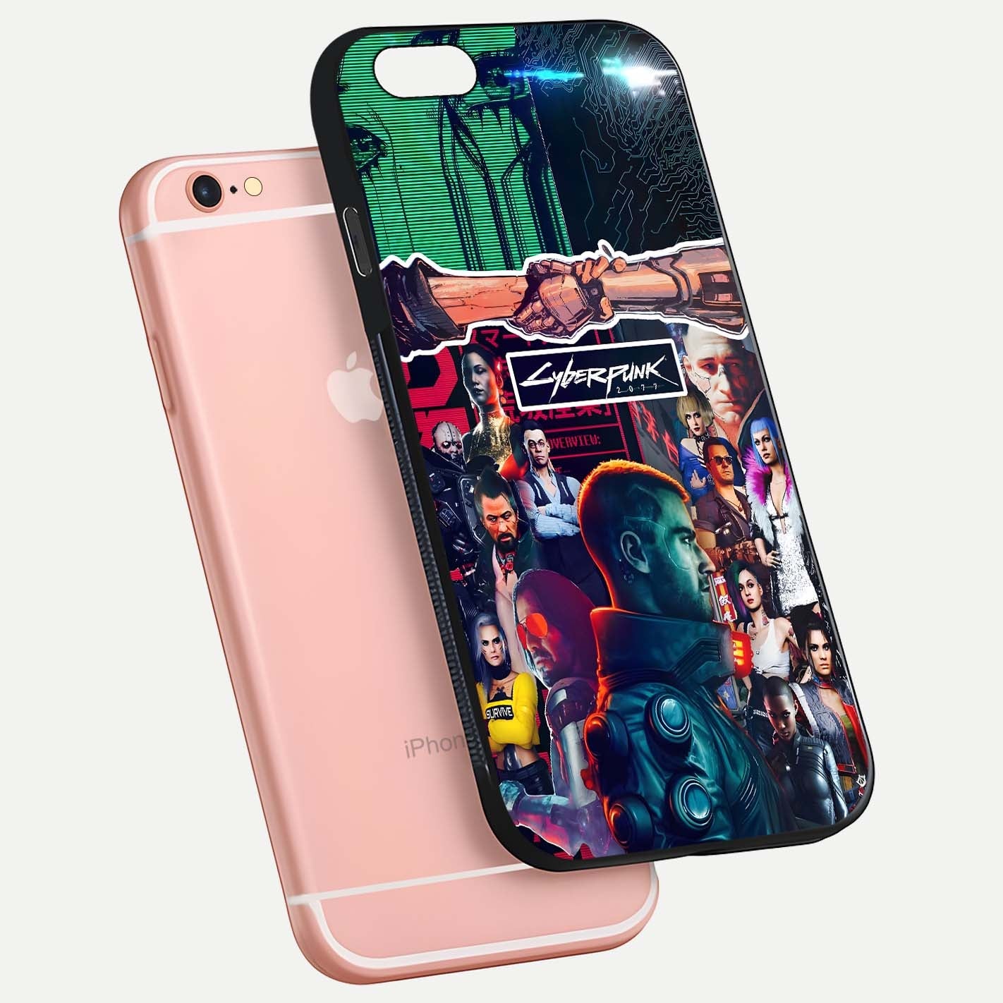 CYBERPUNK Legacy Glass Case for iPhone 6 Plus floating mockup showing HD gloss and neon glow detail