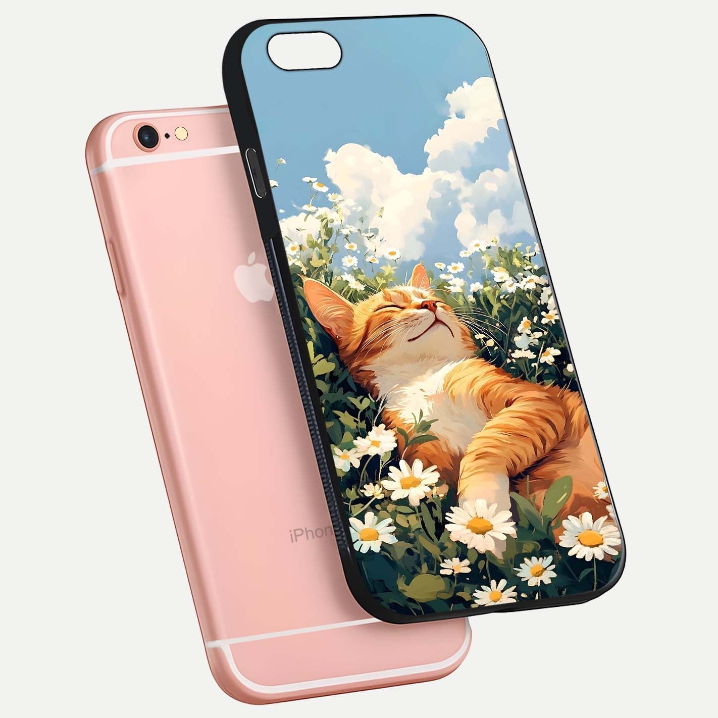 Cat & Flowers View Glass Case for iPhone 6 Plus floating mockup showing design reflection and protective edges