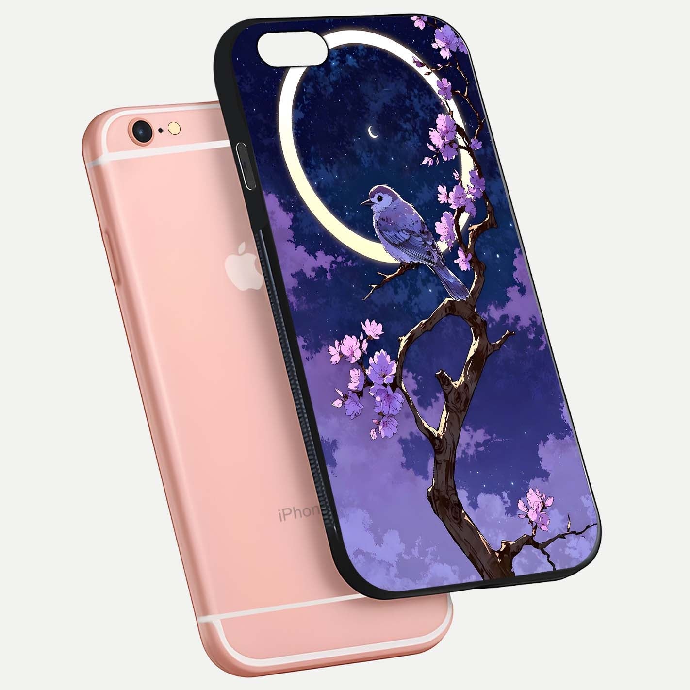 Celestial Bird Blossom Glass Case for iPhone 6 Plus floating mockup showing cosmic floral tones and HD gloss