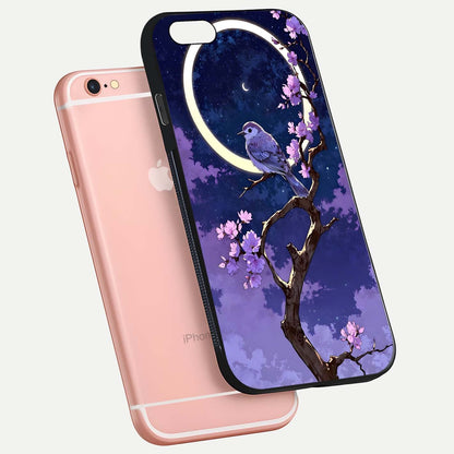 Celestial Bird Blossom Glass Case for iPhone 6 Plus floating mockup showing cosmic floral tones and HD gloss