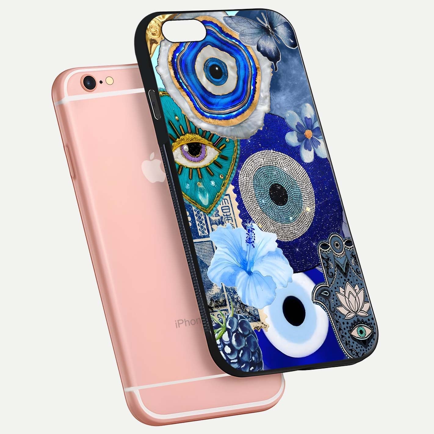 Celestial Blue Vision Glass Case for iPhone 6 Plus floating mockup showing gloss depth and night-sky pattern