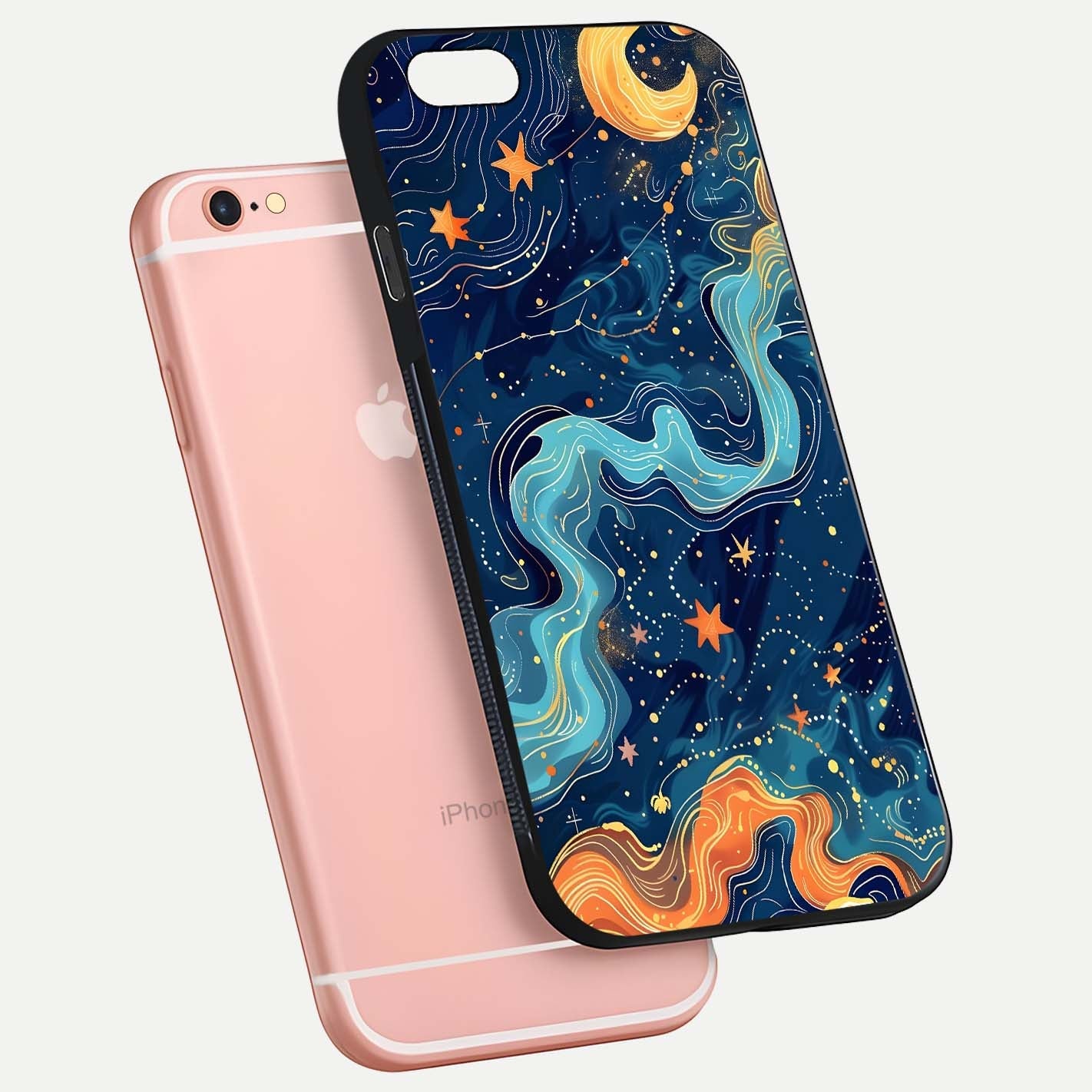 Celestial Dream Flow Glass Case for iPhone 6 Plus floating mockup displaying gloss shimmer and artistic composition