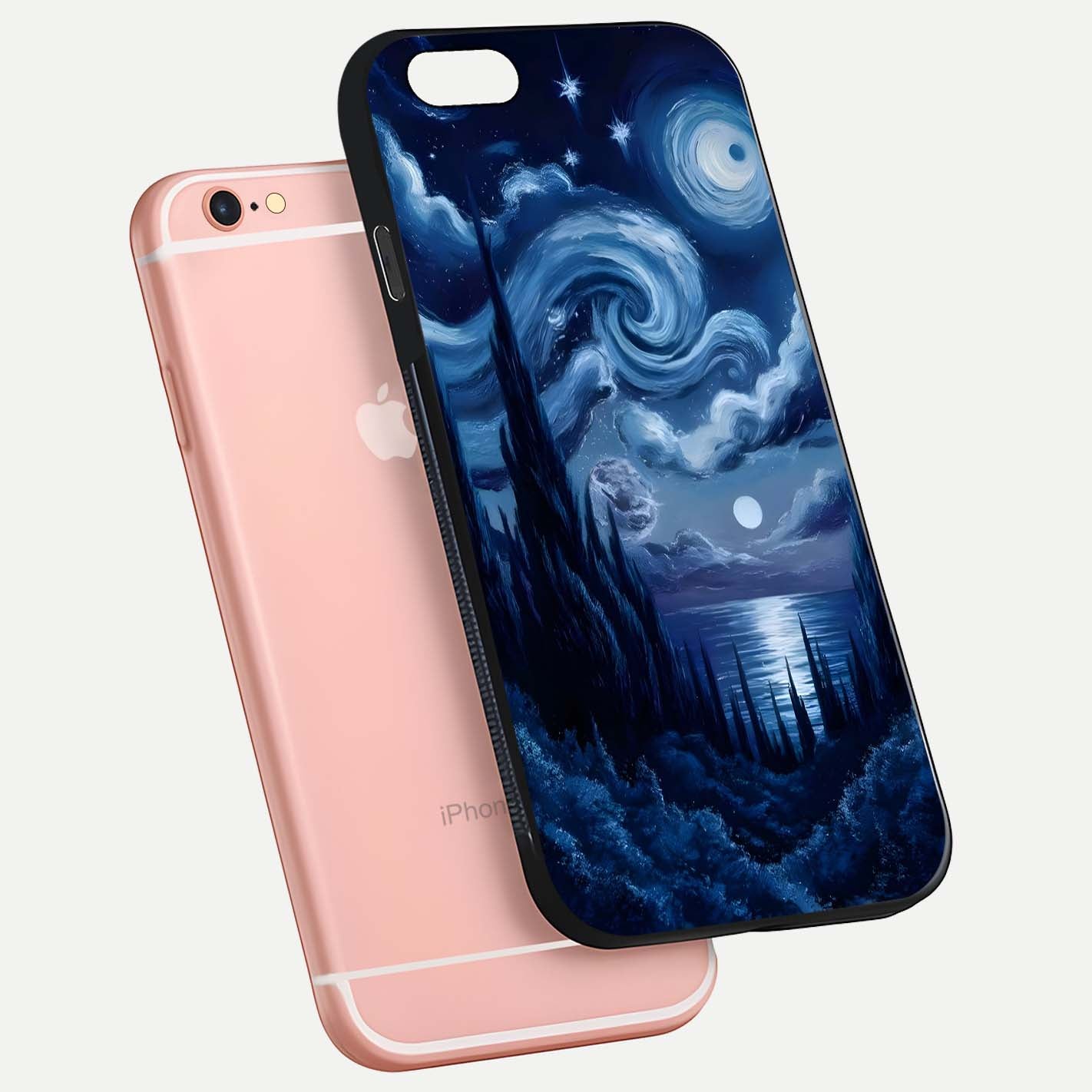 Celestial Dream Van Gogh Glass Case for iPhone 6 Plus floating mockup highlighting cosmic tones and smooth gloss