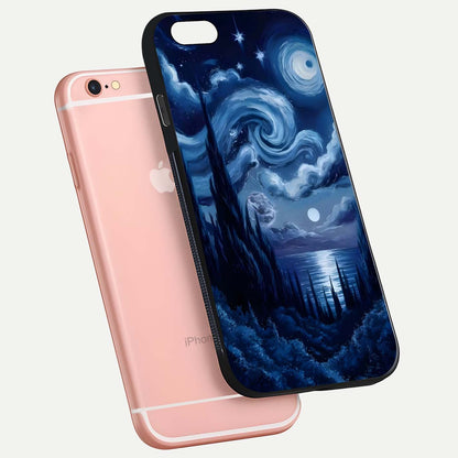 Celestial Dream Van Gogh Glass Case for iPhone 6 Plus floating mockup highlighting cosmic tones and smooth gloss