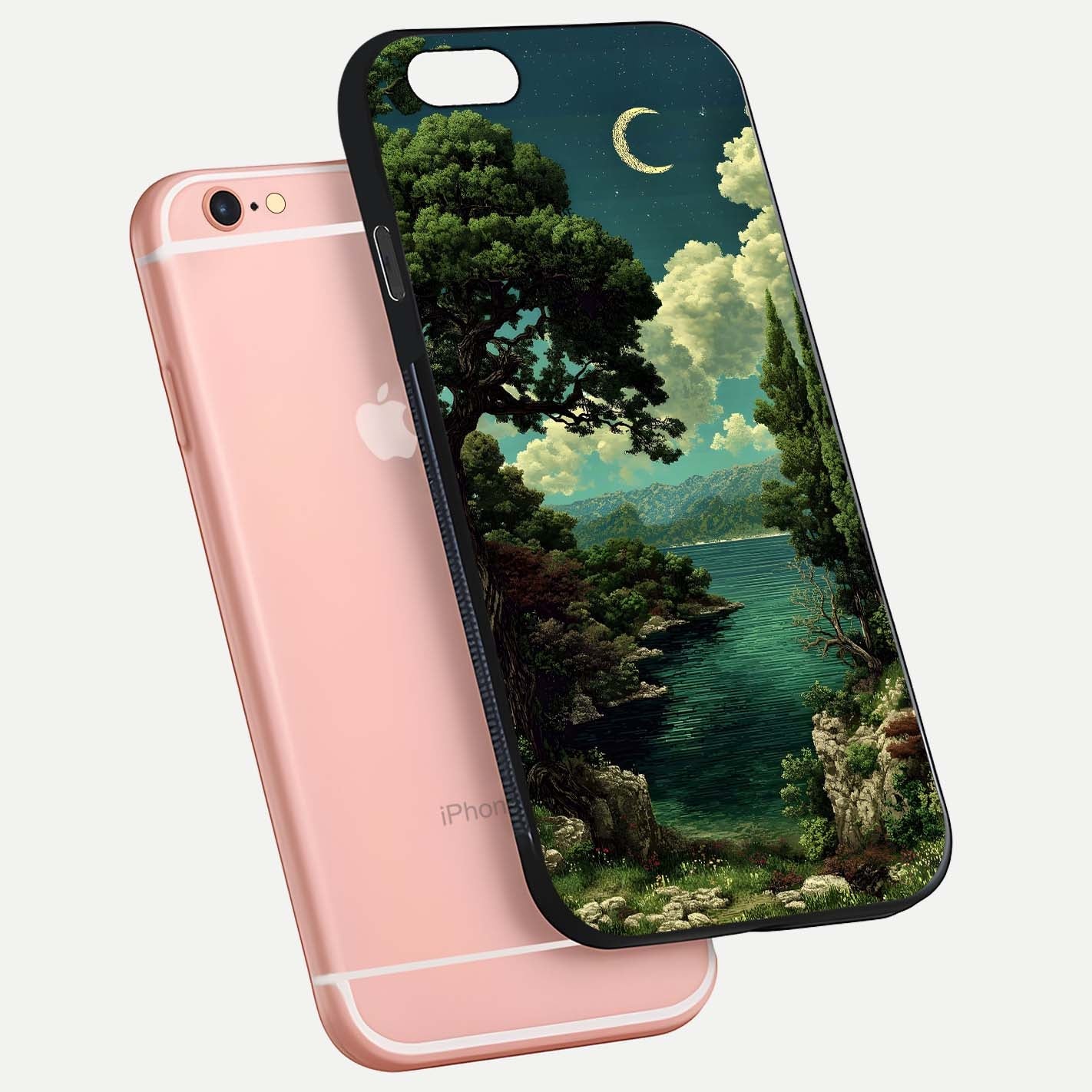 Celestial Lake Peace Glass Case for iPhone 6 Plus floating mockup capturing calm tones and smooth polish