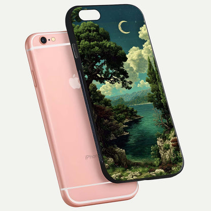 Celestial Lake Peace Glass Case for iPhone 6 Plus floating mockup capturing calm tones and smooth polish