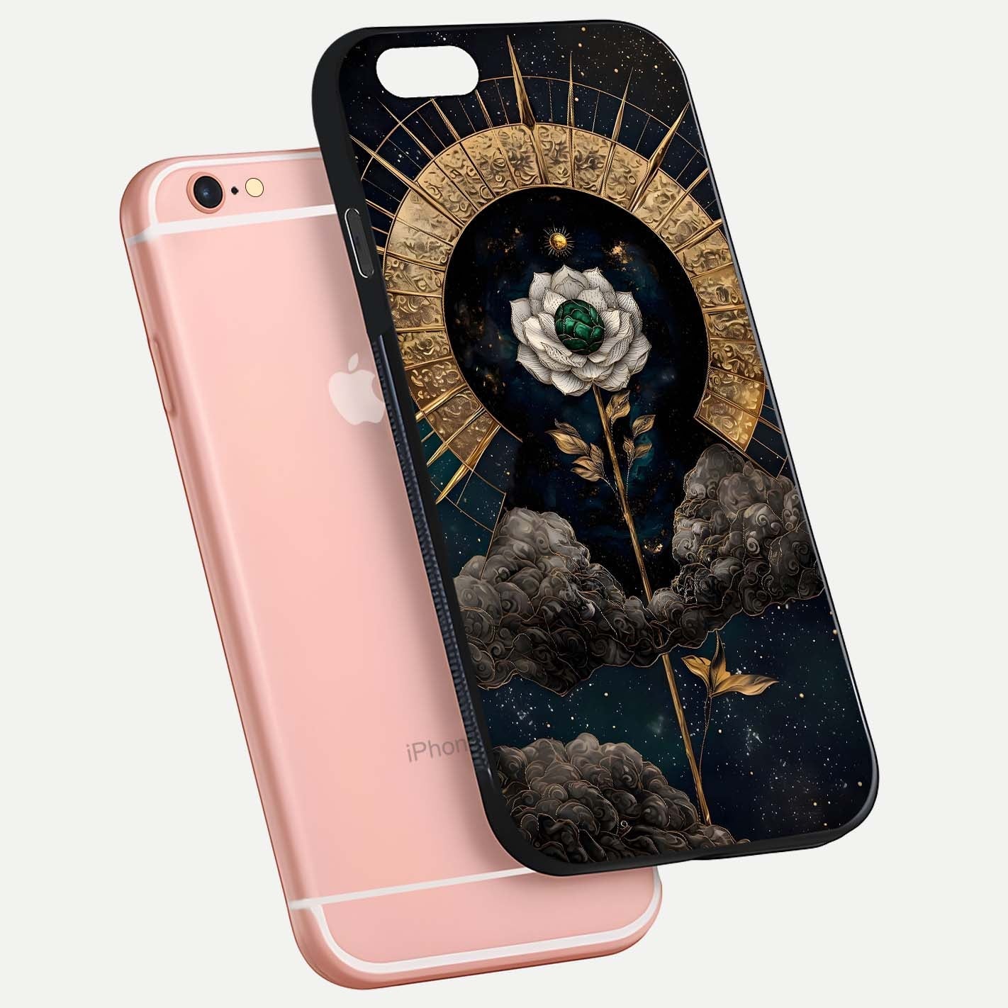 Celestial Lotus Morang Glass Case for iPhone 6 Plus floating mockup showing gloss depth and cosmic lotus glow