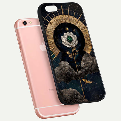 Celestial Lotus Morang Glass Case for iPhone 6 Plus floating mockup showing gloss depth and cosmic lotus glow
