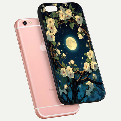 Celestial Moon & Flower Glass Case for iPhone 6 Plus floating mockup emphasizing HD shine and delicate texture