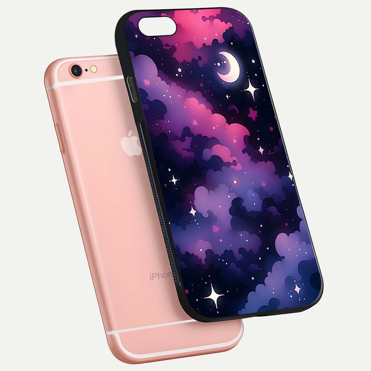 Celestial Moon Magic Glass Case for iPhone 6 Plus floating mockup showing reflection gradient and smooth polish