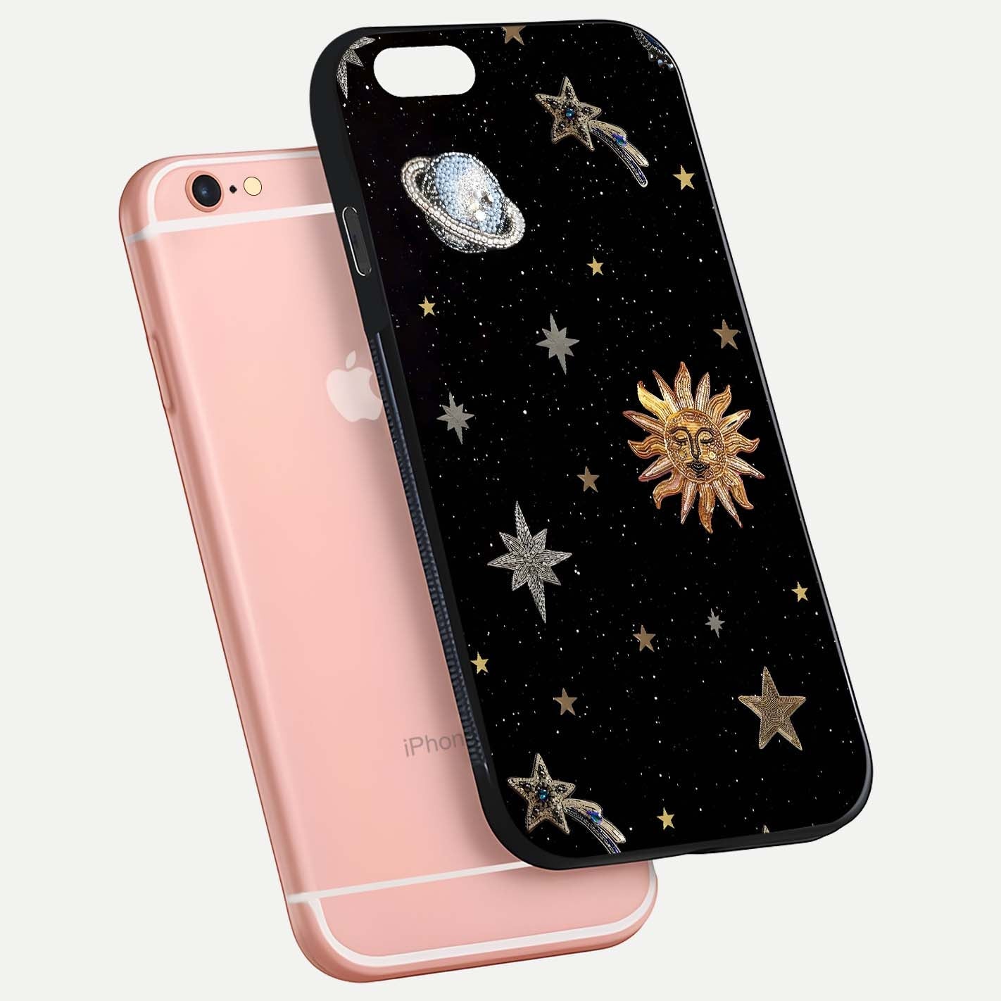 Celestial Moon With Stars Glass Case for iPhone 6 Plus floating mockup emphasizing star depth and gloss clarity