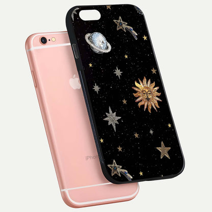 Celestial Moon With Stars Glass Case for iPhone 6 Plus floating mockup emphasizing star depth and gloss clarity