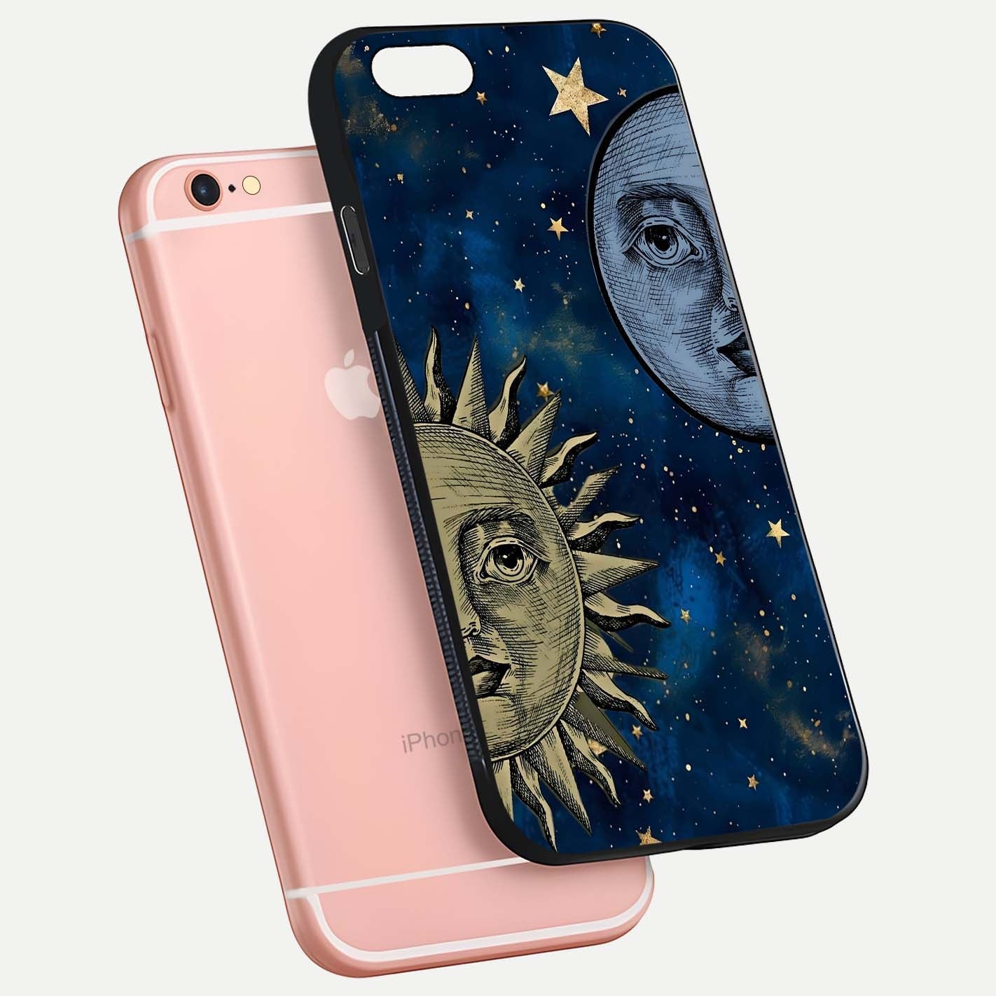 Celestial Moon With Sun Glass Case for iPhone 6 Plus floating mockup displaying vibrant contrast and HD gloss