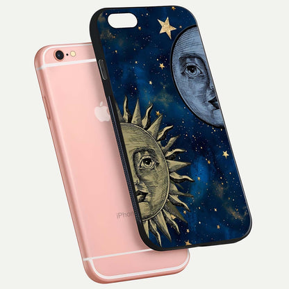 Celestial Moon With Sun Glass Case for iPhone 6 Plus floating mockup displaying vibrant contrast and HD gloss