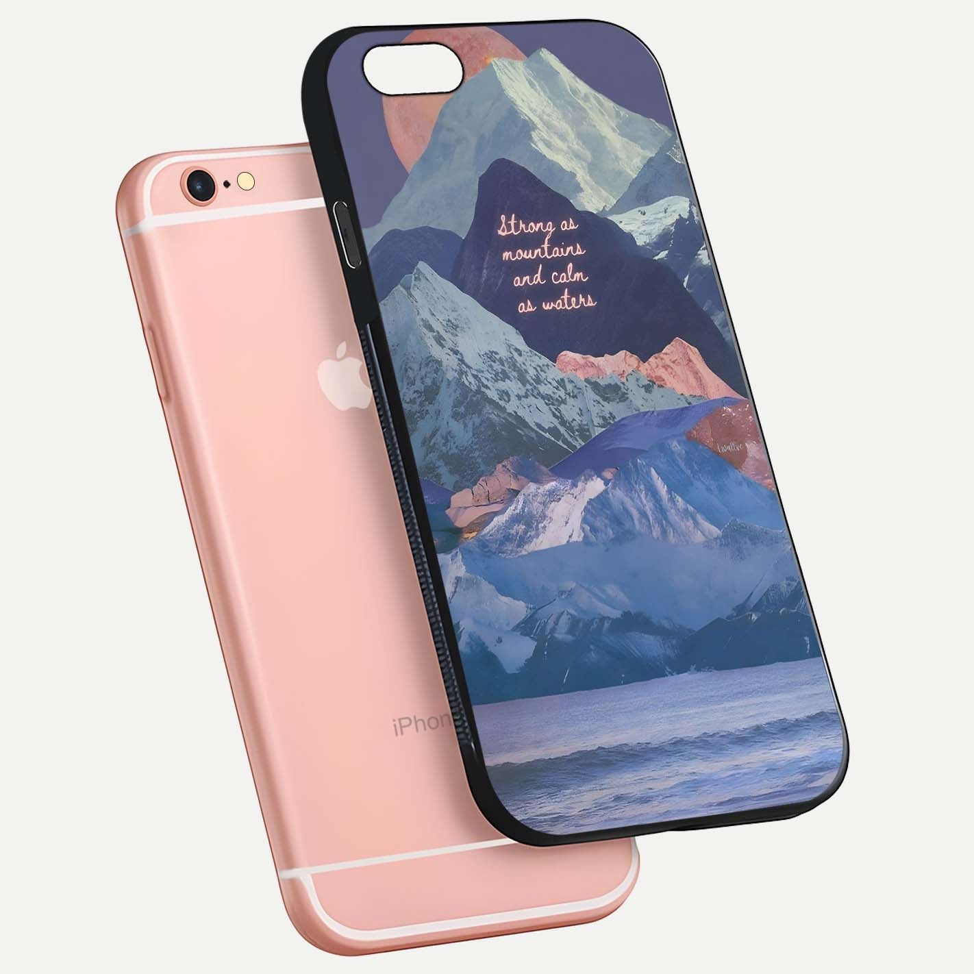 Celestial Mountain Calm Glass Case for iPhone 6 Plus floating mockup showing glow depth and polished edges