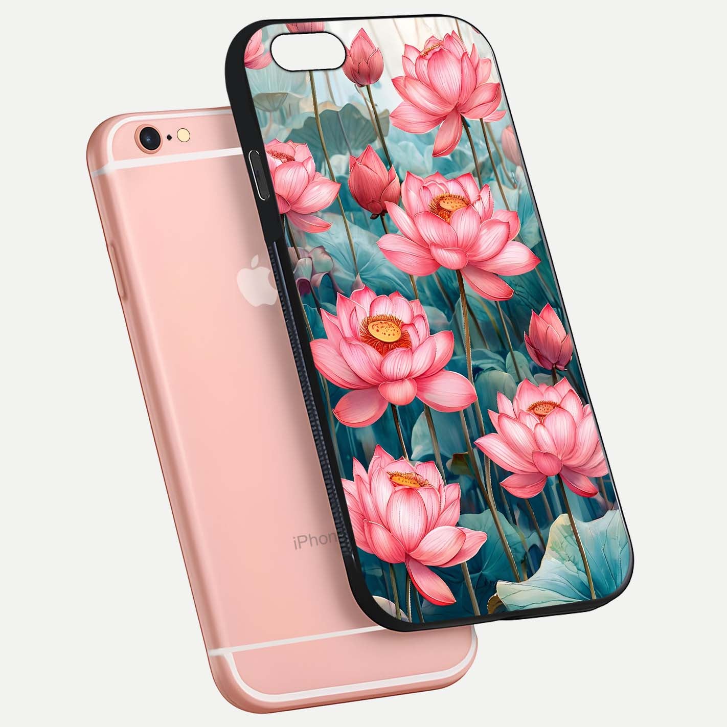 Celestial Pink Lotus Glass Case for iPhone 6 Plus floating mockup displaying cosmic tone and gloss surface