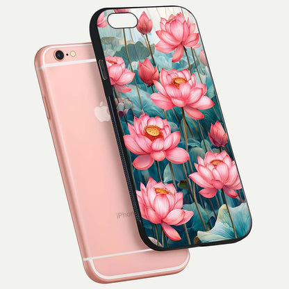 Celestial Pink Lotus Glass Case for iPhone 6 Plus floating mockup displaying cosmic tone and gloss surface