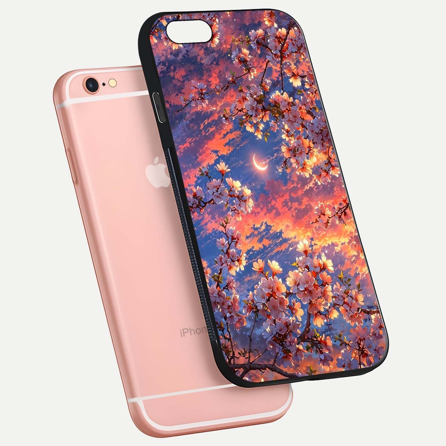 Celestial Sakura Sunset Glass Case for iPhone 6 Plus floating mockup capturing sunset hue and smooth gloss