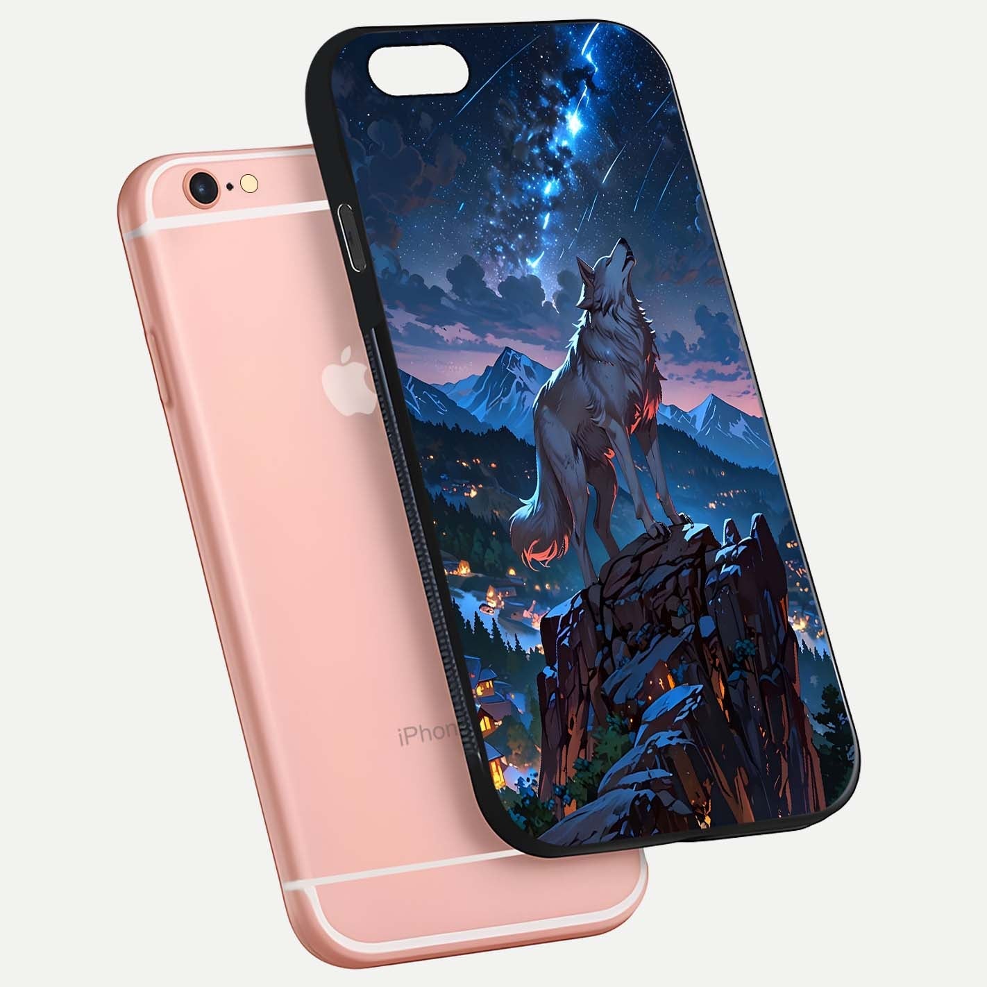 Celestial Wolf Howl Glass Case for iPhone 6 Plus floating mockup capturing reflection depth and silver gloss
