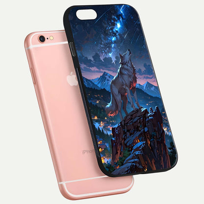 Celestial Wolf Howl Glass Case for iPhone 6 Plus floating mockup capturing reflection depth and silver gloss