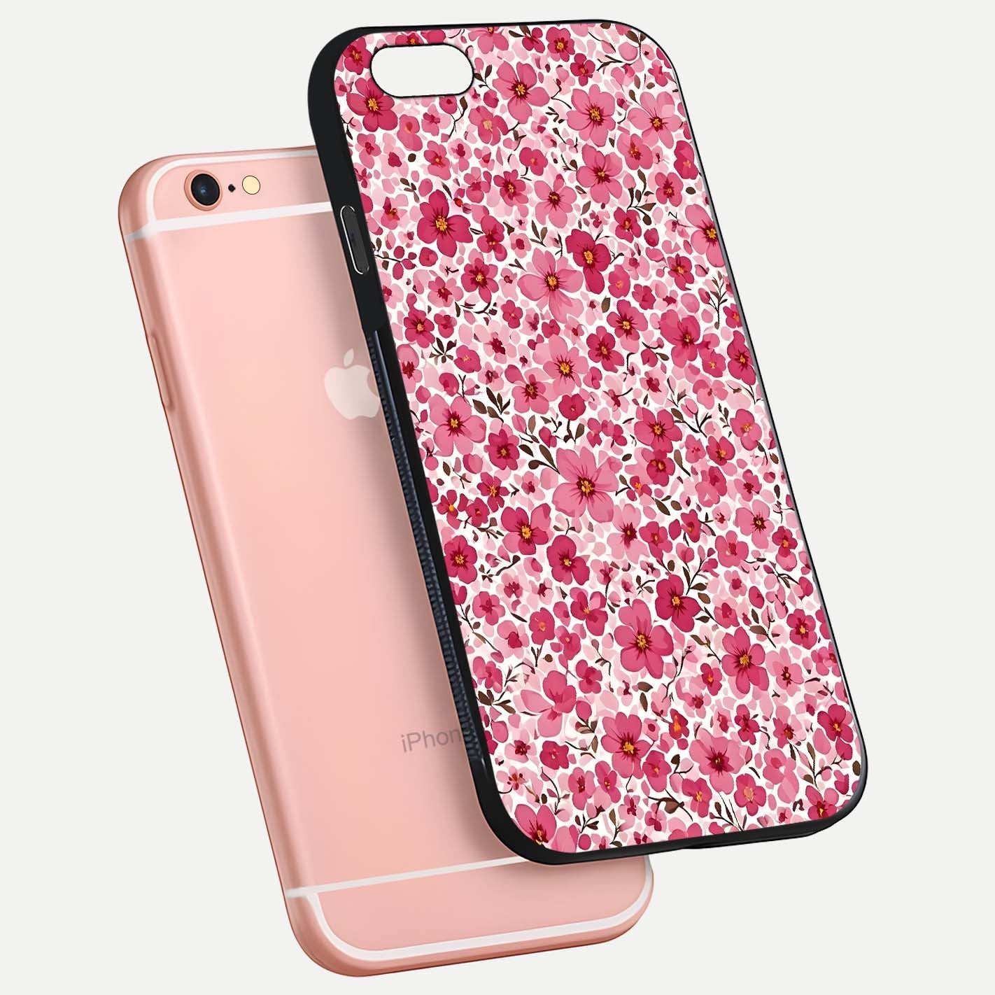 Cherry Blossom Charm Glass Case for iPhone 6 Plus floating mockup displaying pink tone flow and polished edges
