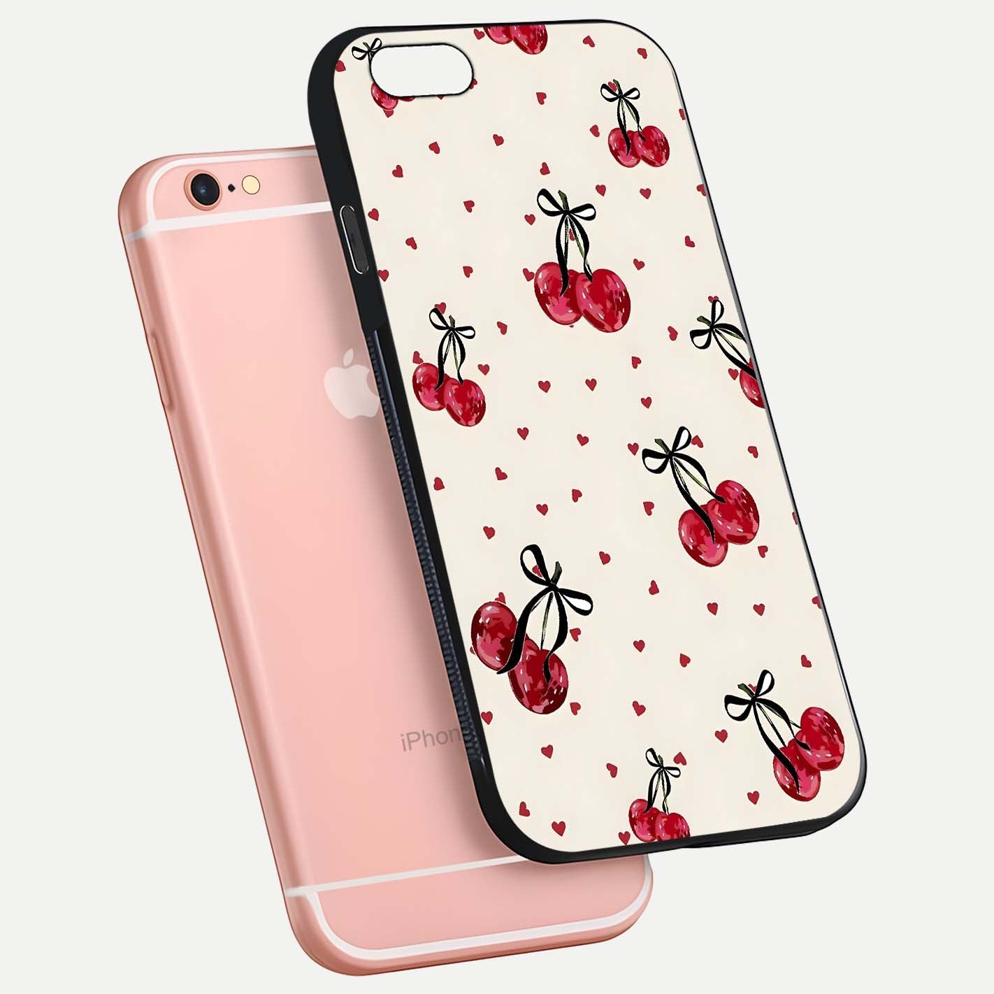 Cherry Heart Bow Glass Case for iPhone 6 Plus floating mockup showing reflection and HD print detail
