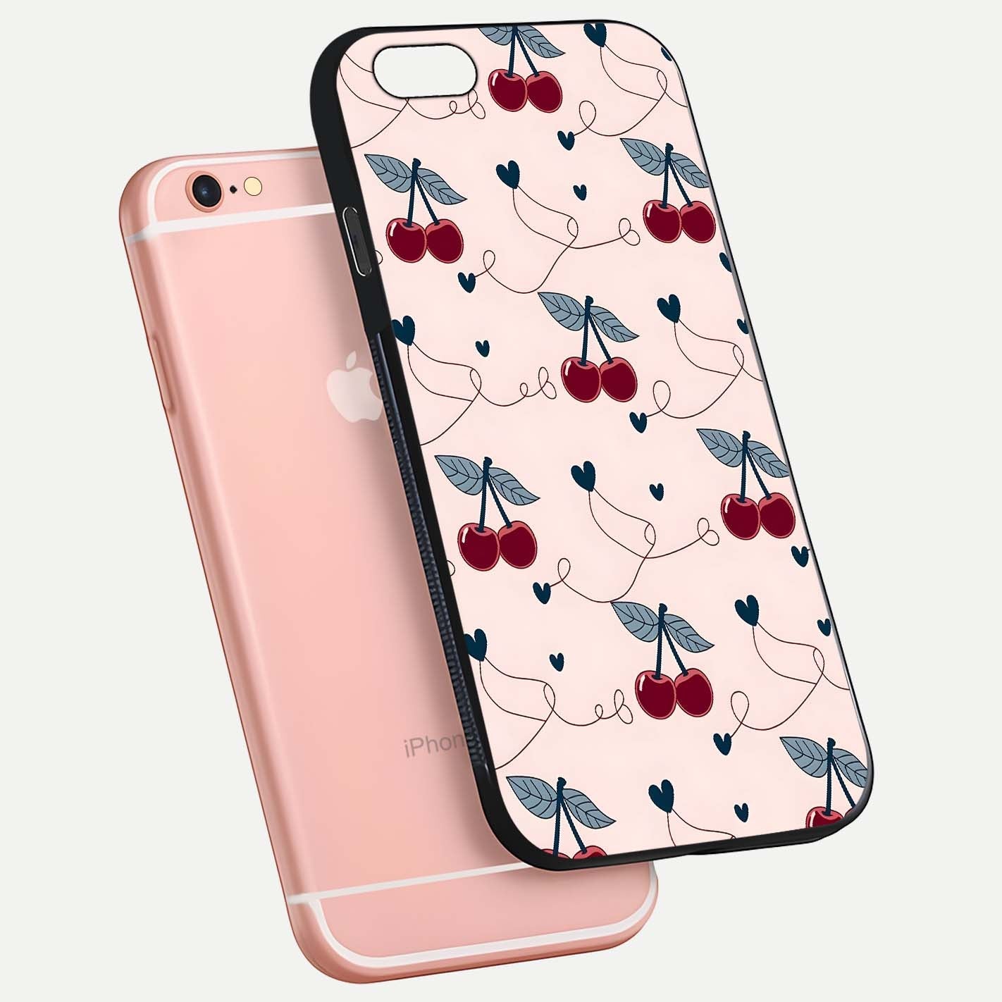 Cherry Heart Line Glass Case for iPhone 6 Plus floating mockup showing gloss polish and bright tones