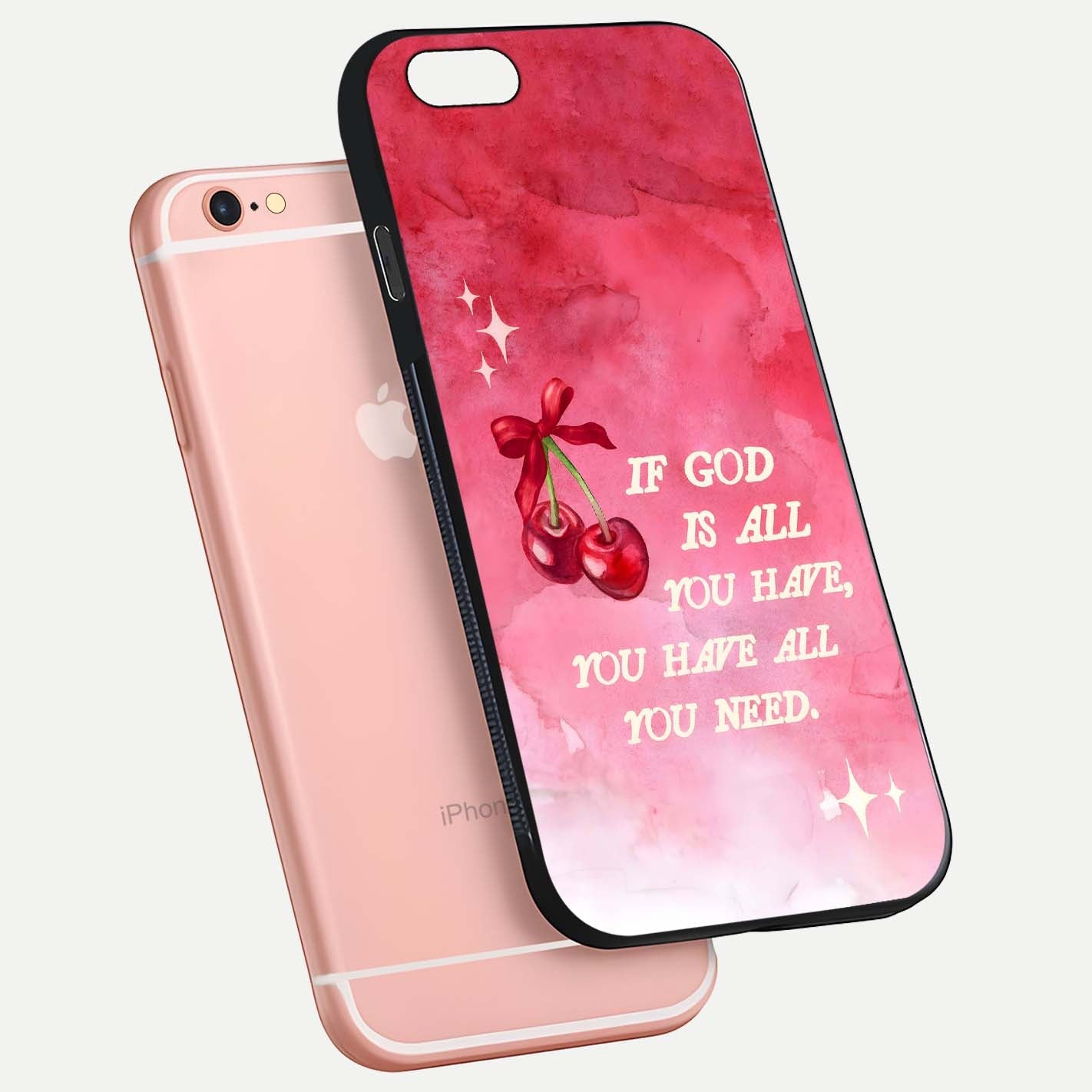 Cherry Quote Glass Case for iPhone 6 Plus floating mockup capturing shine texture and clear typography