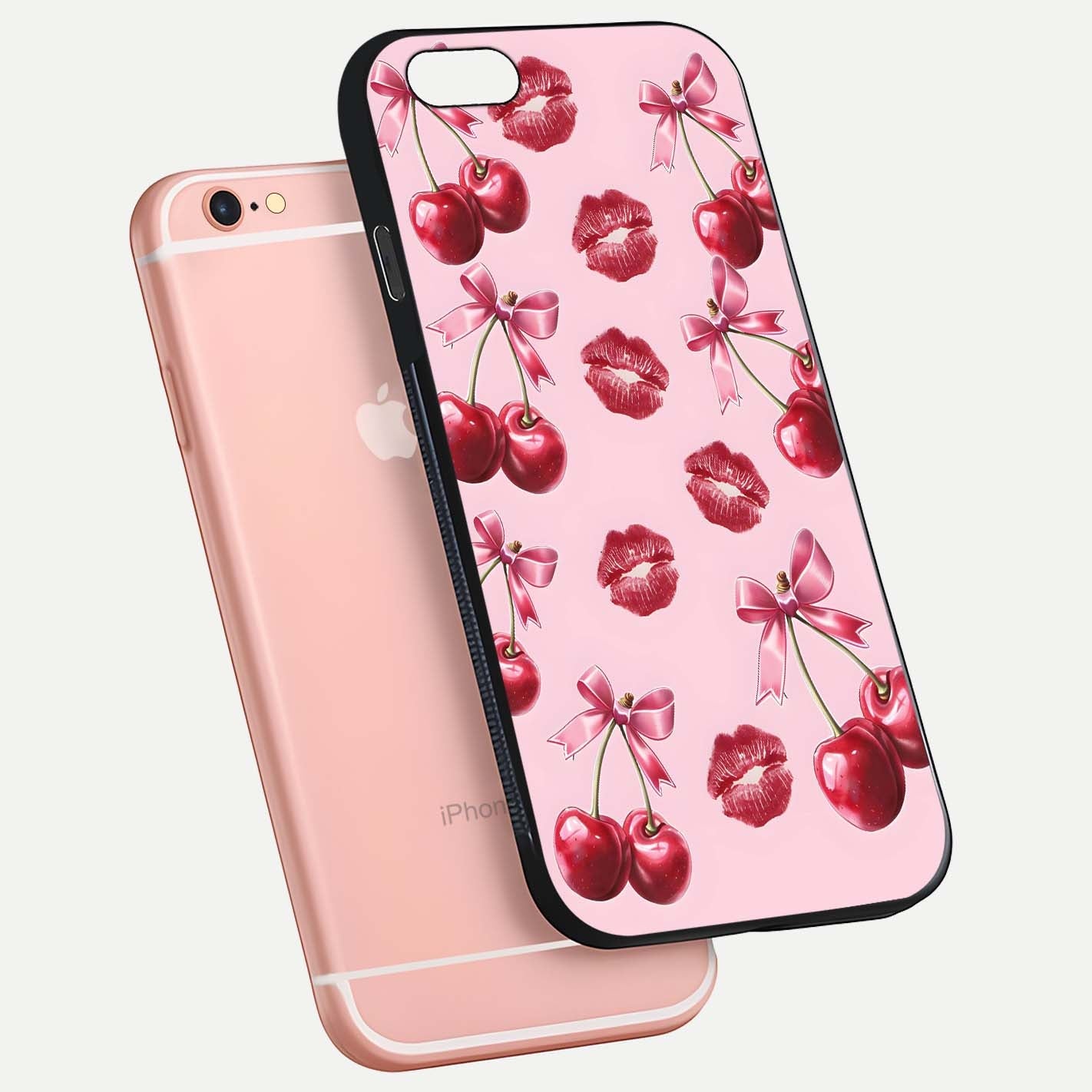 Cherry With Lips Glass Case for iPhone 6 Plus floating mockup showing HD gloss and pop-art inspired tones
