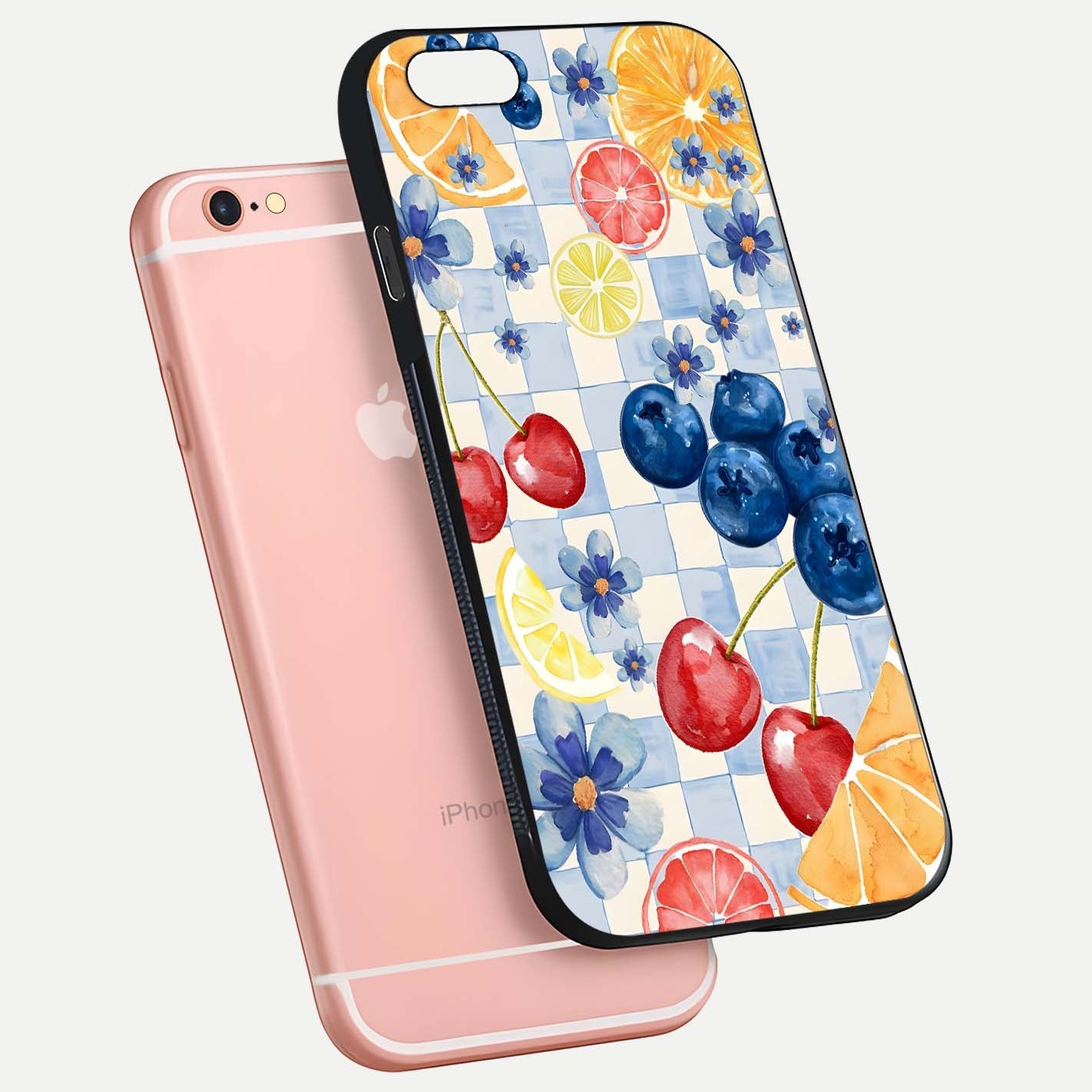 Citrus Bloom Joy Glass Case for iPhone 6 Plus floating mockup showing HD gloss and lively tone